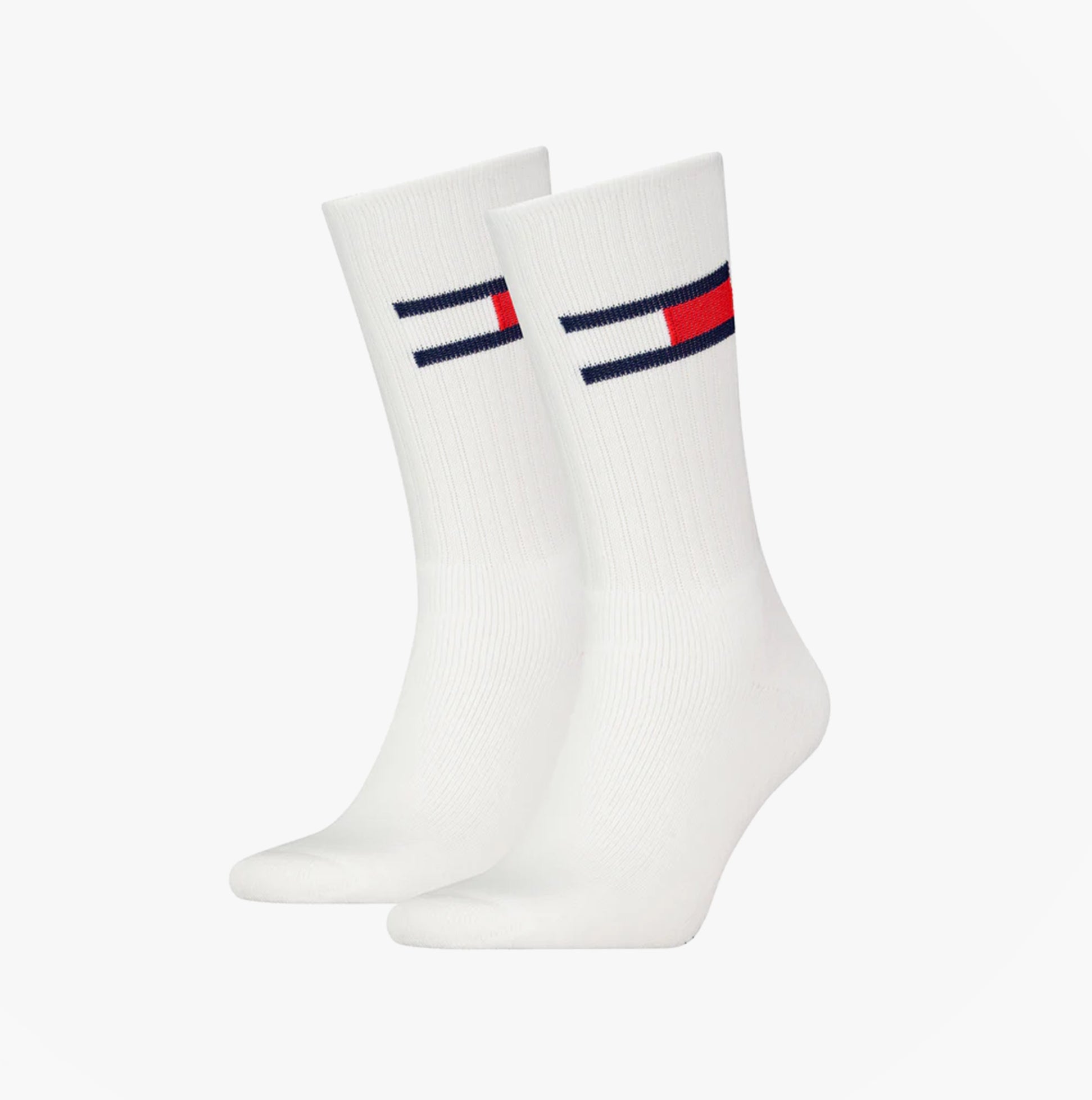 Tommy Hilfiger 2 Pack Trainer Flag Mens Crew Socks White, front view highlighting the logo design.
