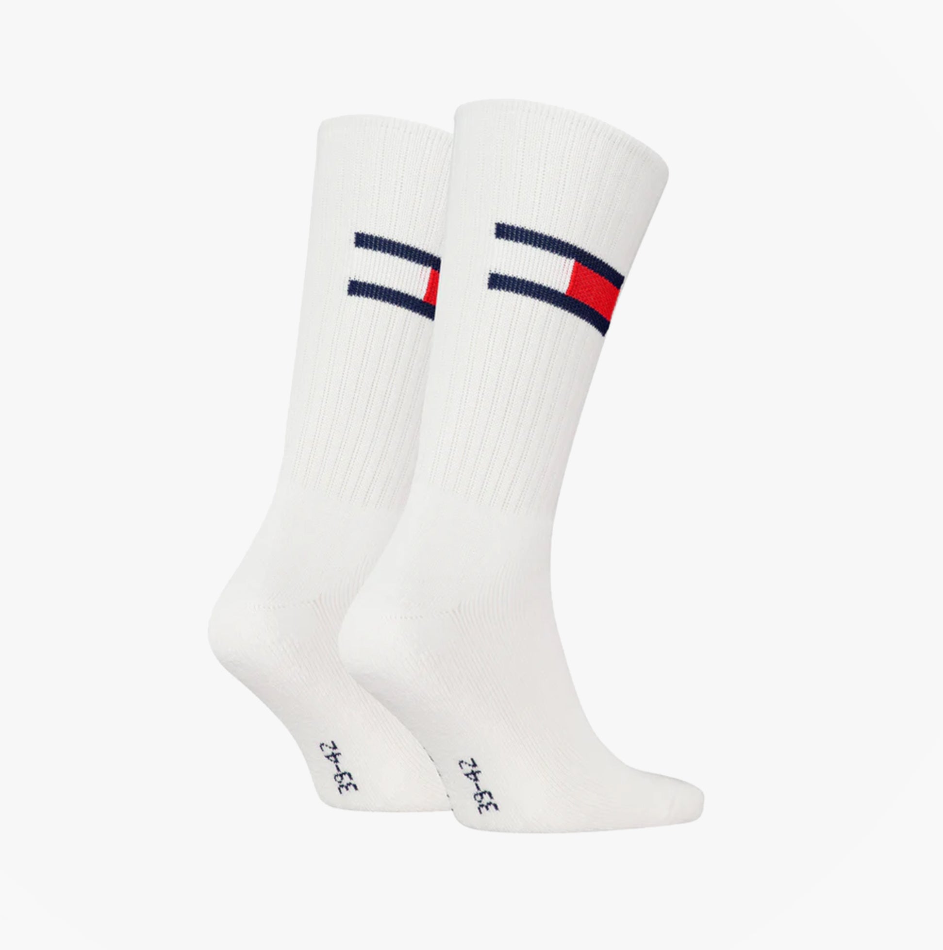 Tommy Hilfiger 2 Pack Trainer Flag Mens Crew Socks White side view showcasing logo detail, cotton blend, athletic design.