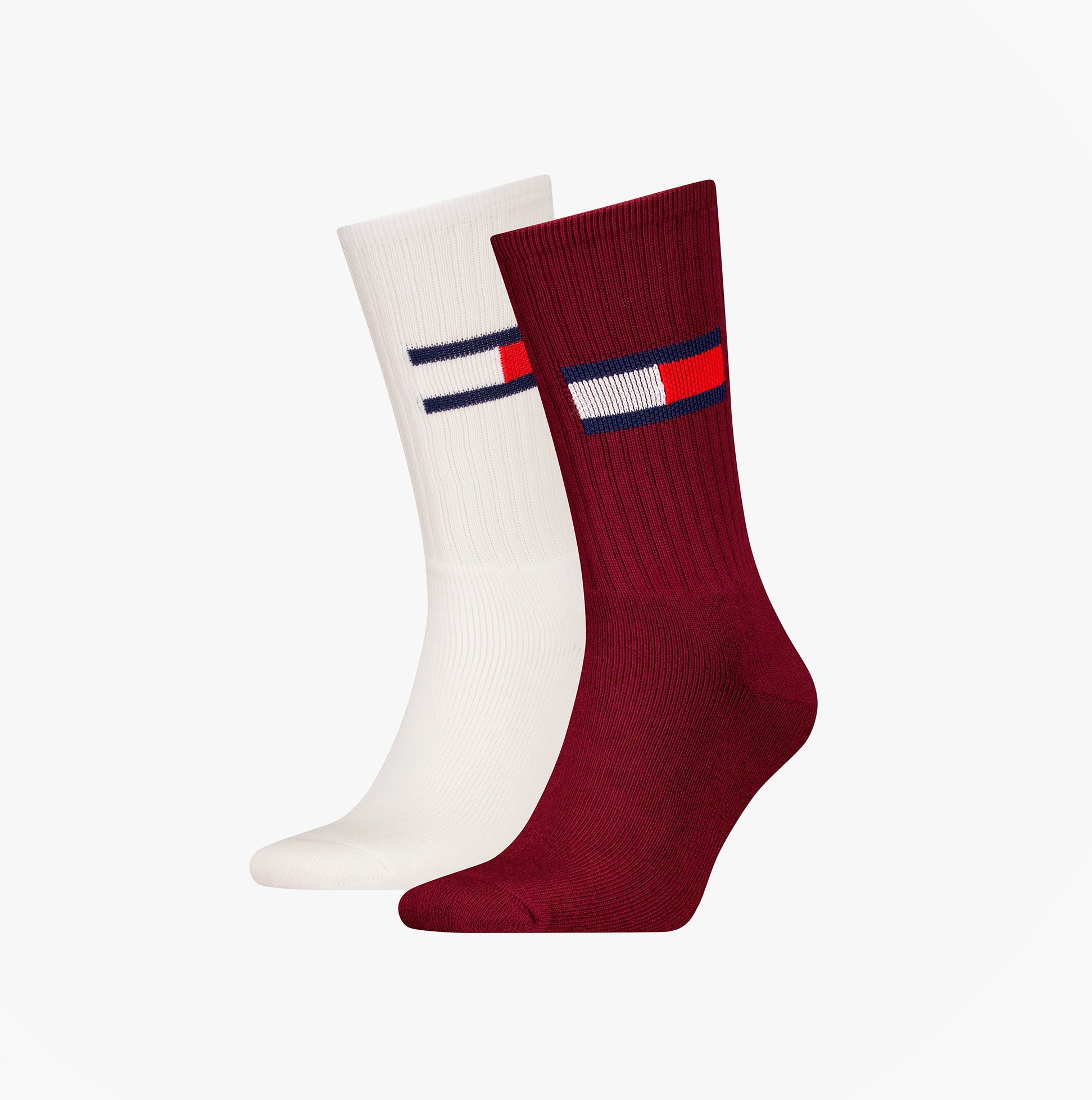 Tommy Hilfiger 2 Pack Trainer Flag Mens Crew Socks Burgundy showing side view of burgundy and white socks with logo.