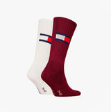 Tommy Hilfiger 2 Pack Trainer Flag Mens Crew Socks Burgundy, side view of burgundy and white socks with logo detail.