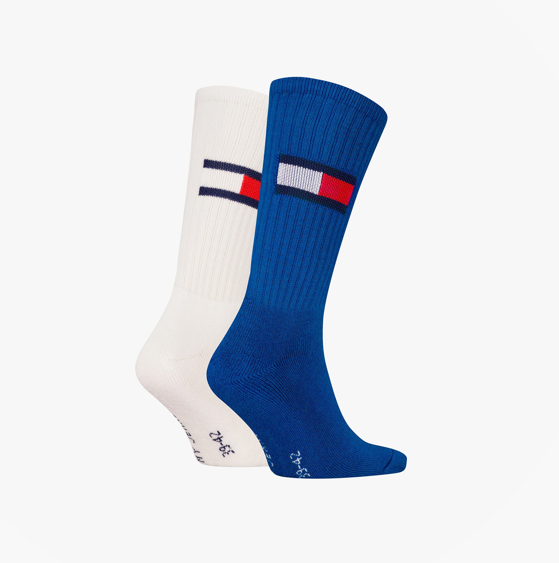 Tommy Hilfiger 2 Pack Trainer Flag Mens Crew Socks Blue/White, side view showcasing blue and white color contrast.