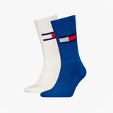 Tommy Hilfiger 2 Pack Trainer Flag Mens Crew Socks Blue/White, front view showcasing blue and white socks with logo.