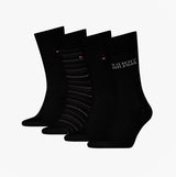 Tommy Hilfiger 4 Pack Giftboxed Classic Mens Crew Socks Black, displayed front view showing four pairs, two solid and two patterned.