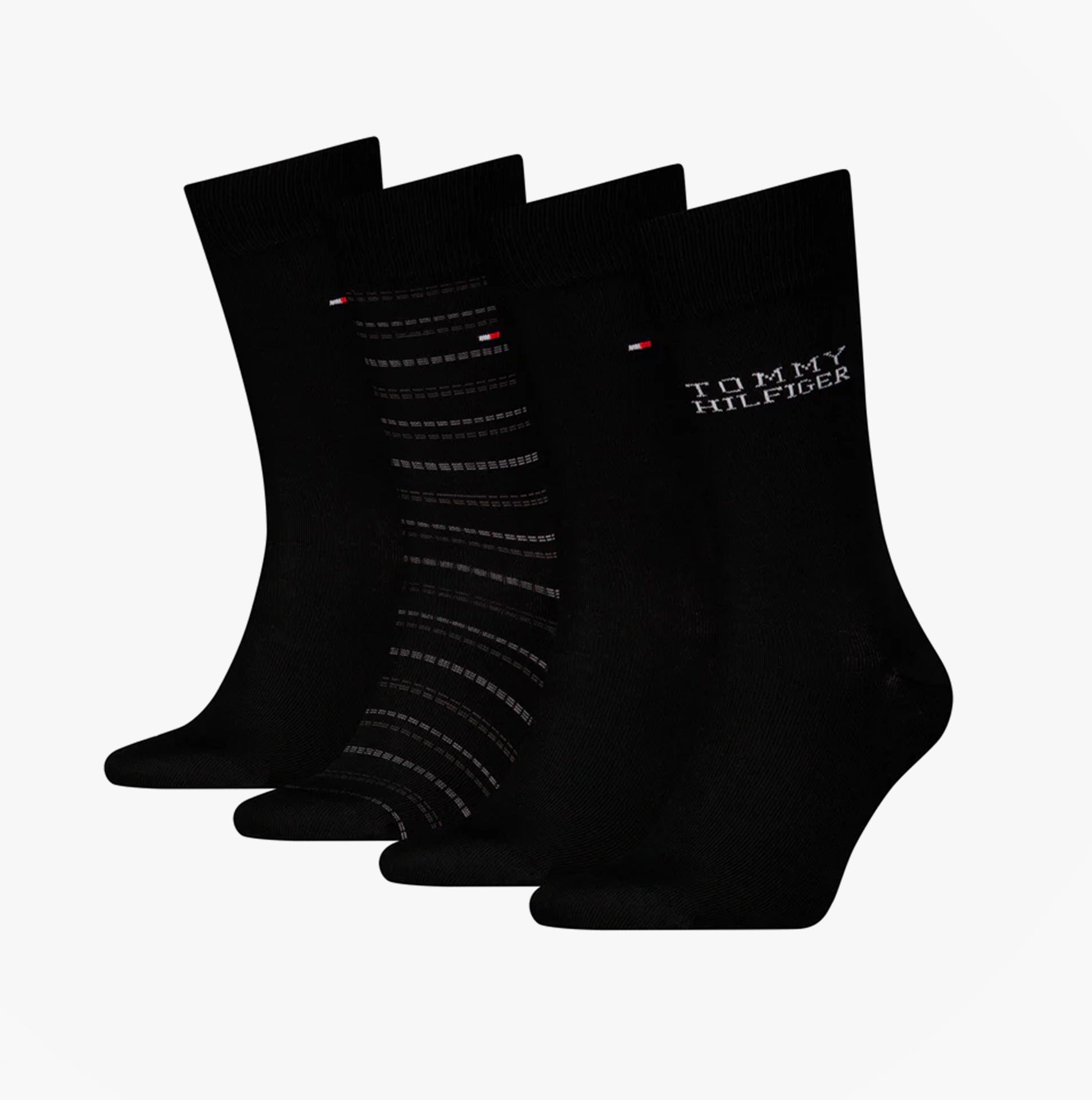 Tommy Hilfiger 4 Pack Giftboxed Classic Mens Crew Socks Black front view featuring four black socks.