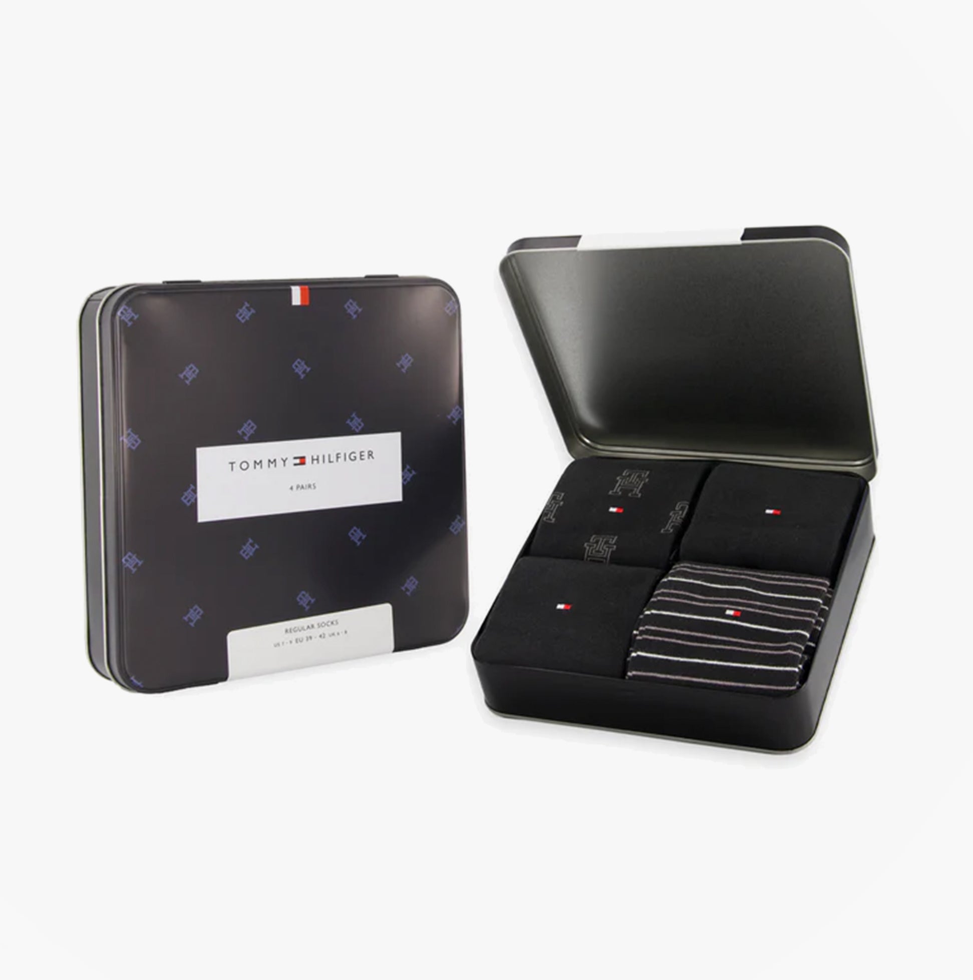 Tommy Hilfiger 4 Pack Giftboxed Classic Mens Crew Socks Black in gift box, featuring a sleek design with socks neatly arranged.