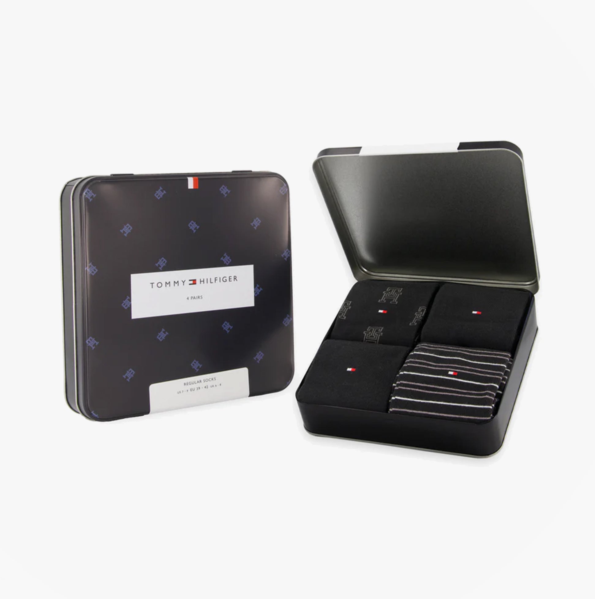Tommy Hilfiger 4 Pack Giftboxed Classic Mens Crew Socks Black, gift box open showing black and striped socks.