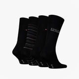Tommy Hilfiger 4 Pack Giftboxed Classic Mens Crew Socks Black, showing multiple views of black socks in gift box, featuring logo and patterns.