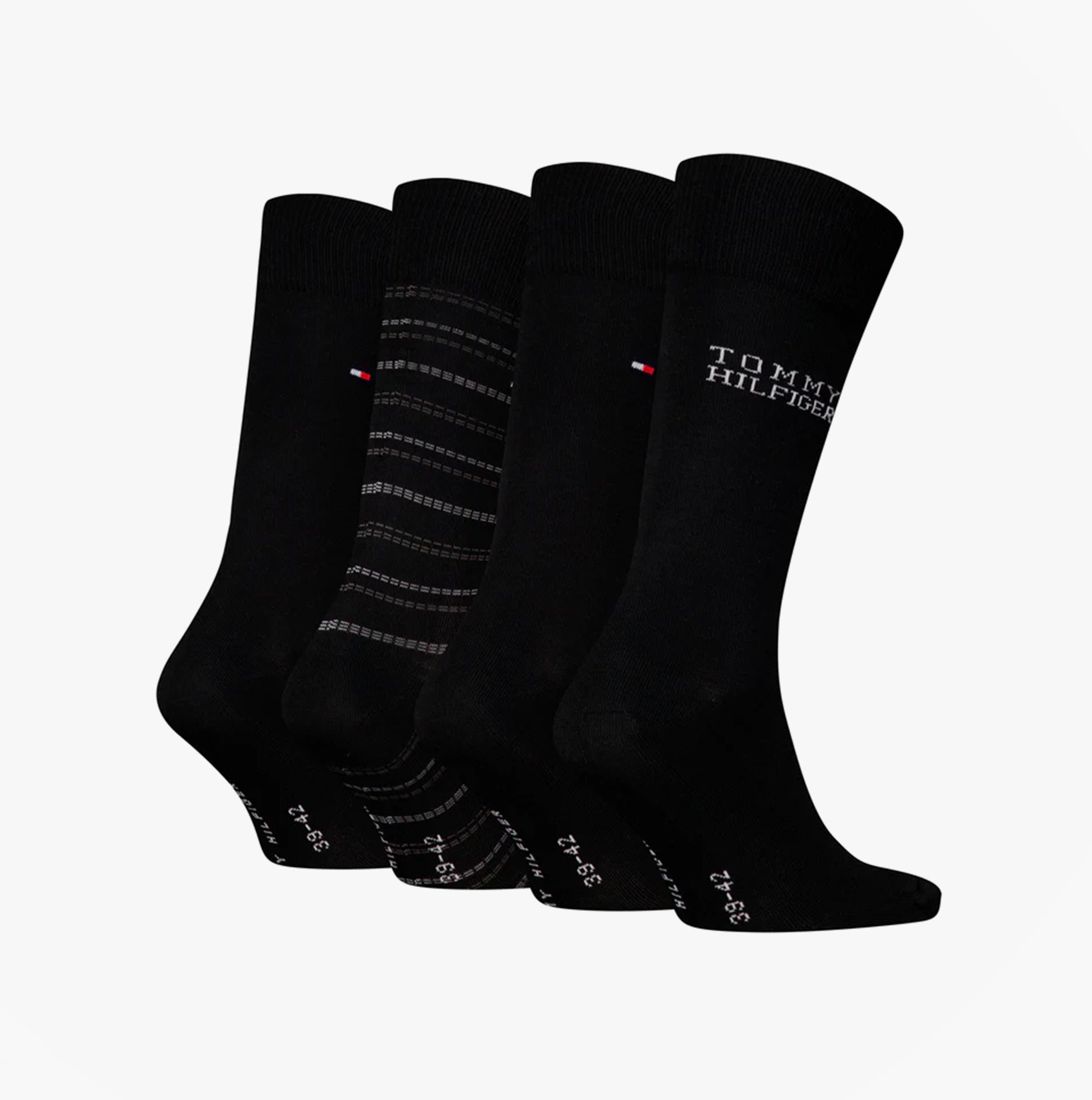 Tommy Hilfiger 4 Pack Giftboxed Classic Mens Crew Socks Black side view showcasing assorted designs and features.