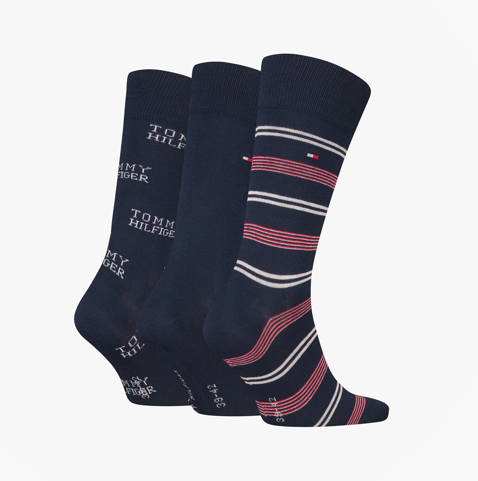 Tommy Hilfiger 3 Pack Giftboxed Classic Mens Crew Socks Navy, front view showcasing three stylish pairs with logo and patterned designs.