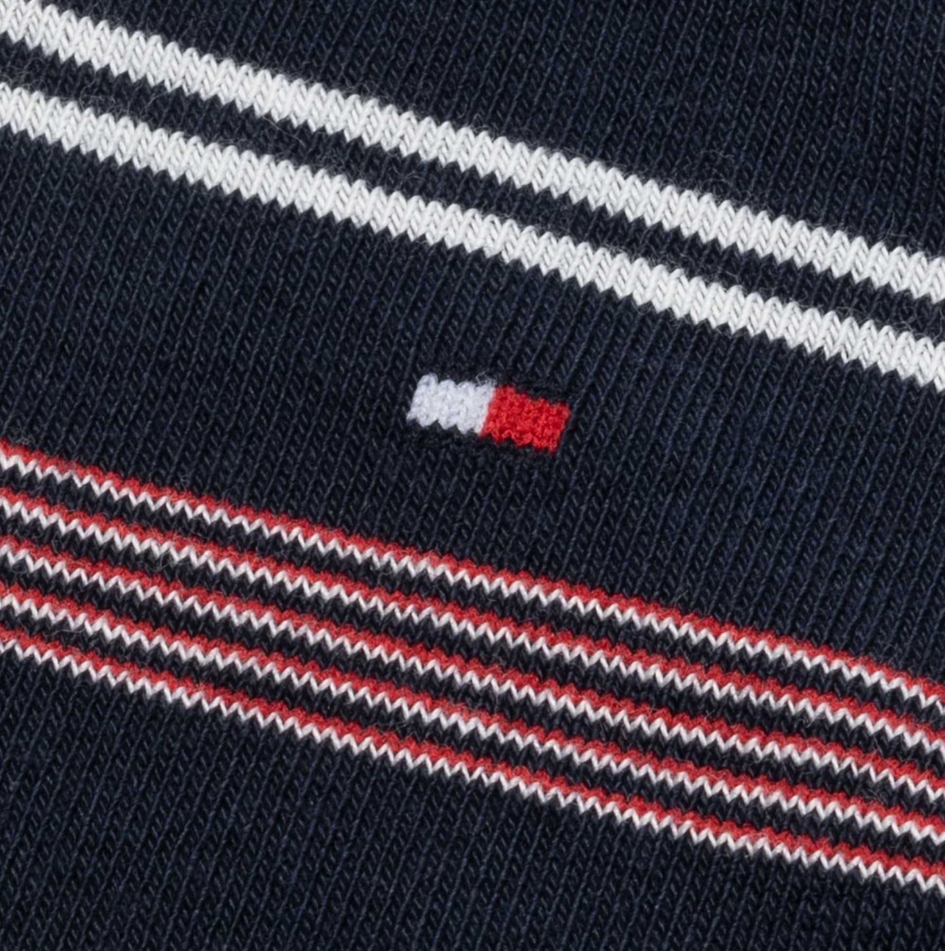 Tommy Hilfiger 3 Pack Giftboxed Classic Mens Crew Socks Navy detail view showcasing logo and striped pattern.