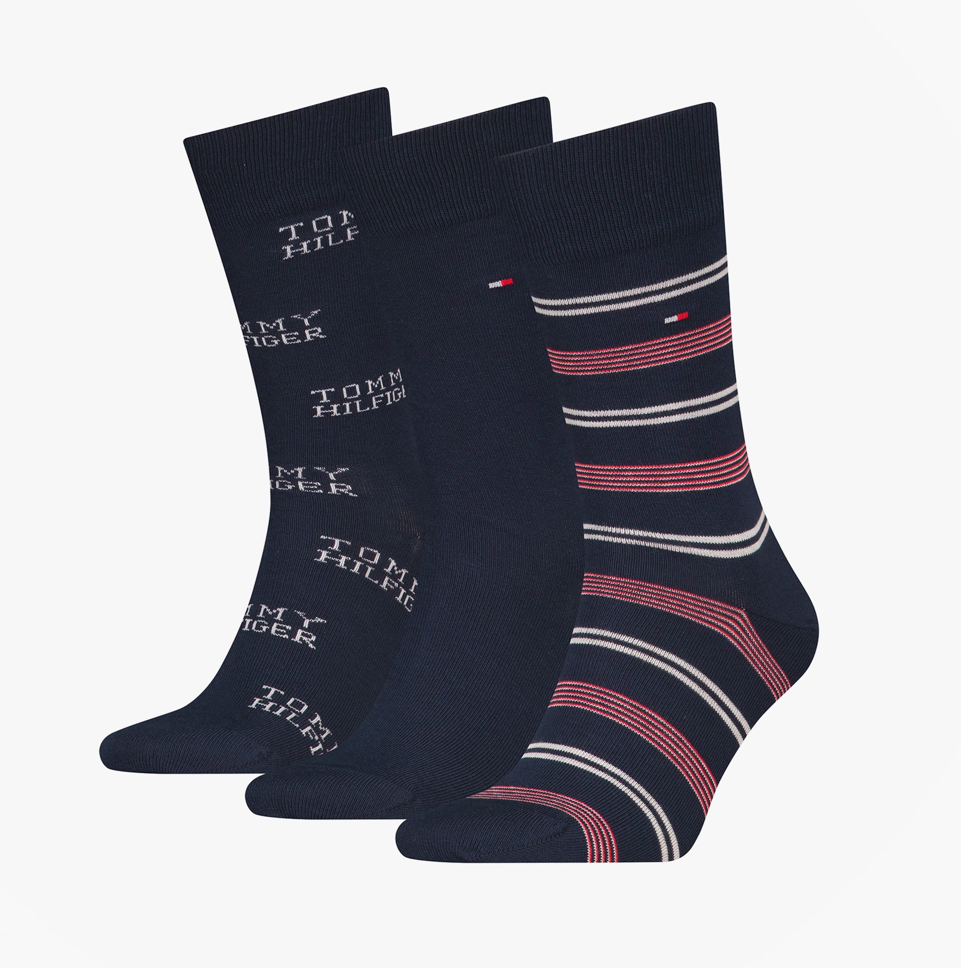 Tommy Hilfiger 3 Pack Giftboxed Classic Mens Crew Socks Navy front view showing striped and logo designs.