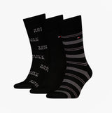 Tommy Hilfiger 3 Pack Giftboxed Classic Mens Crew Socks Black, side view showing three different sock designs.