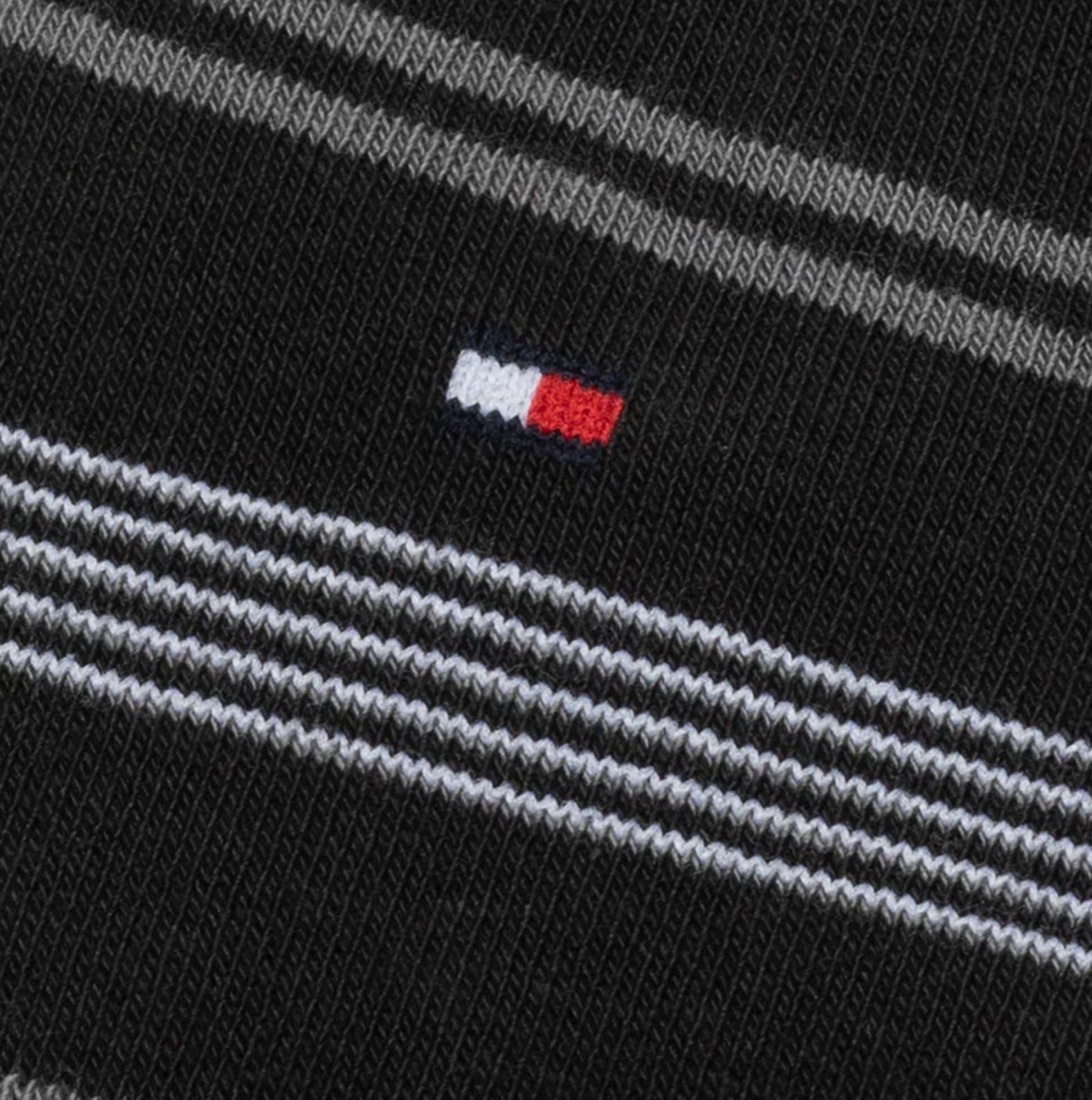 Tommy Hilfiger 3 Pack Giftboxed Classic Mens Crew Socks Black close up detail view showing logo and stripe design.