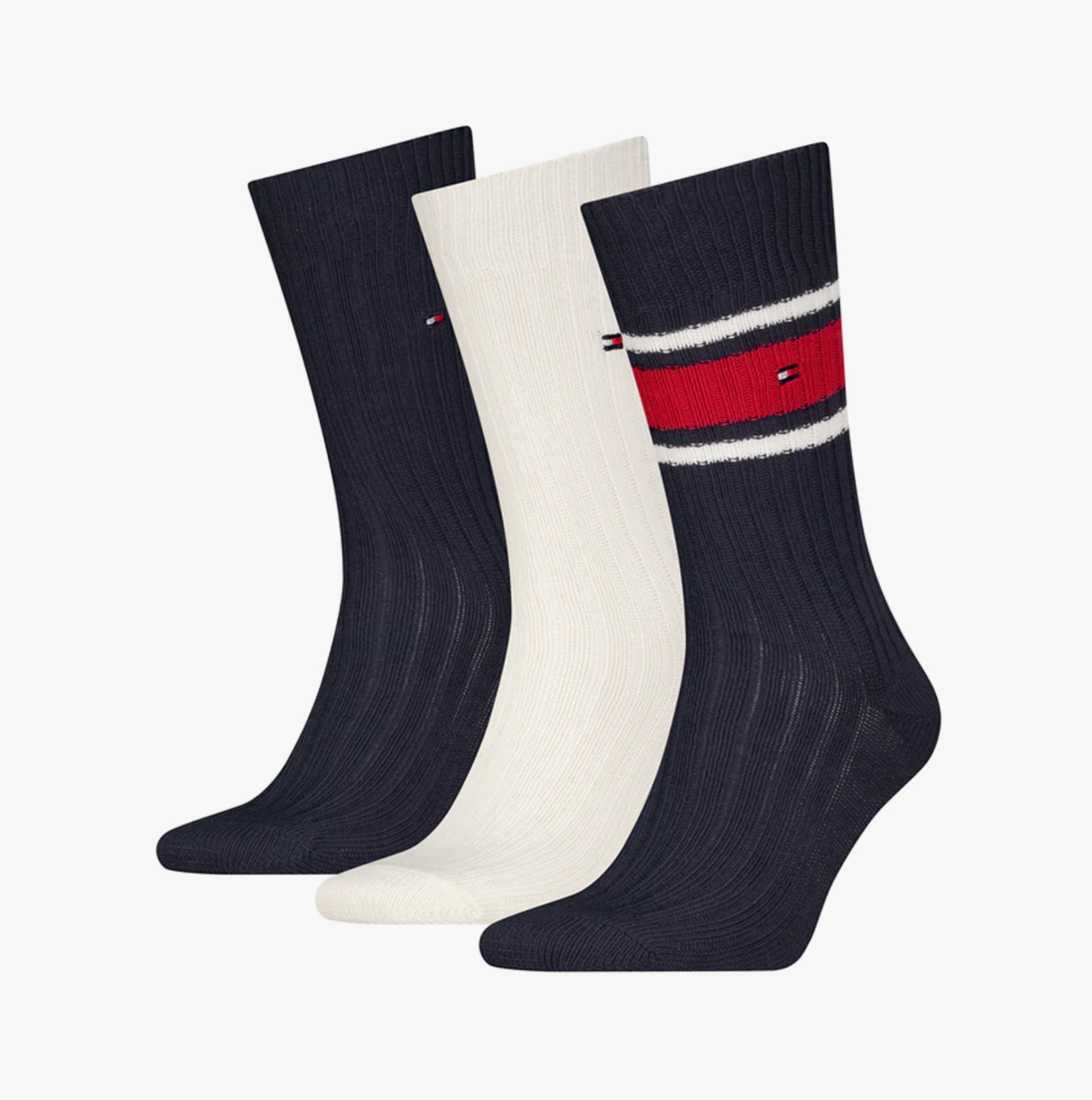 Tommy Hilfiger 3 Pack Giftboxed Classic Mens Crew Socks Navy side view featuring navy and white socks with red stripe.