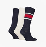 Tommy Hilfiger 3 Pack Giftboxed Classic Mens Crew Socks Navy side view, featuring navy, white, and red striped designs.