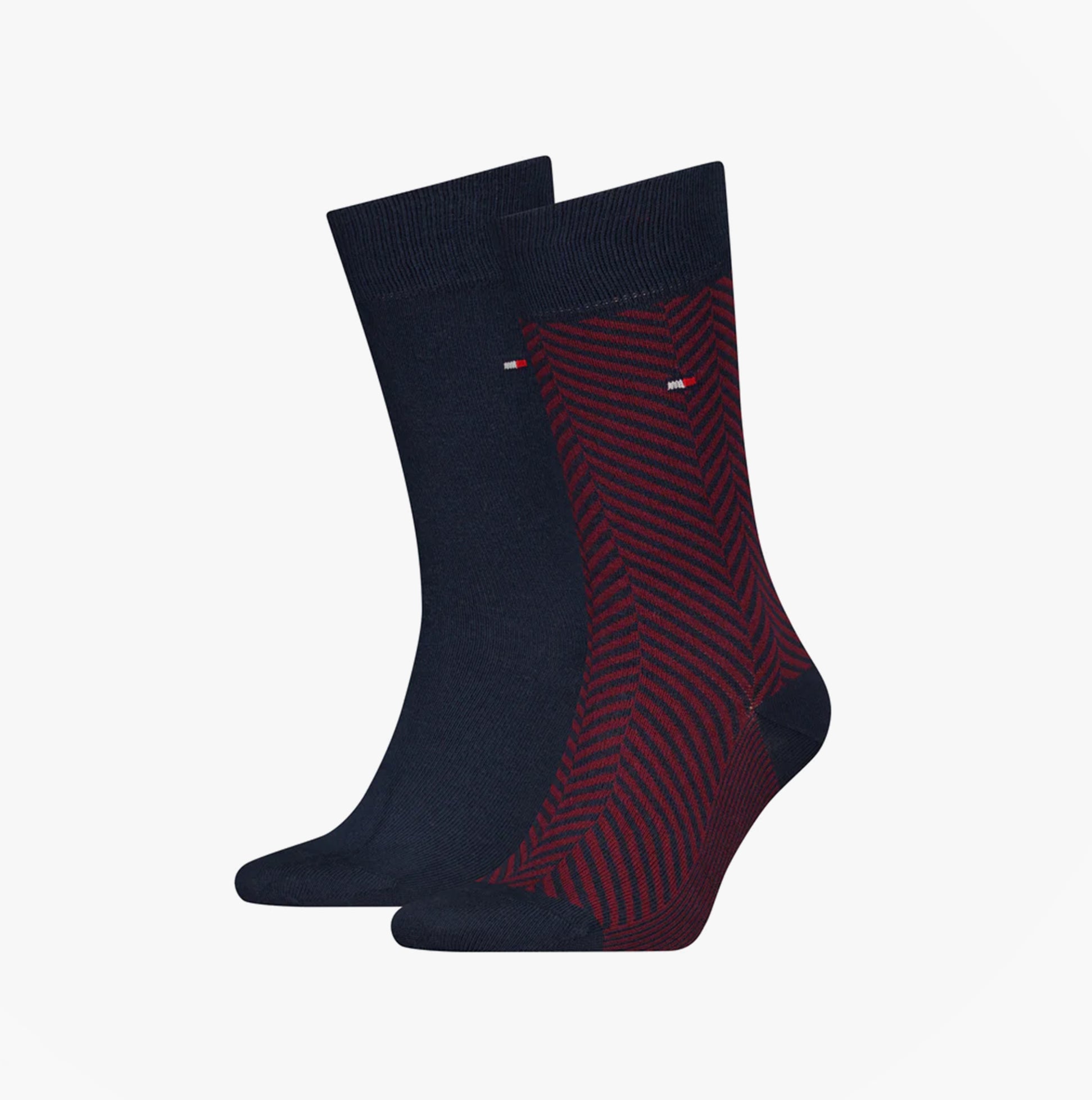 Tommy Hilfiger 2 Pack Classic Mens Crew Socks Navy, front view showing navy and patterned designs.