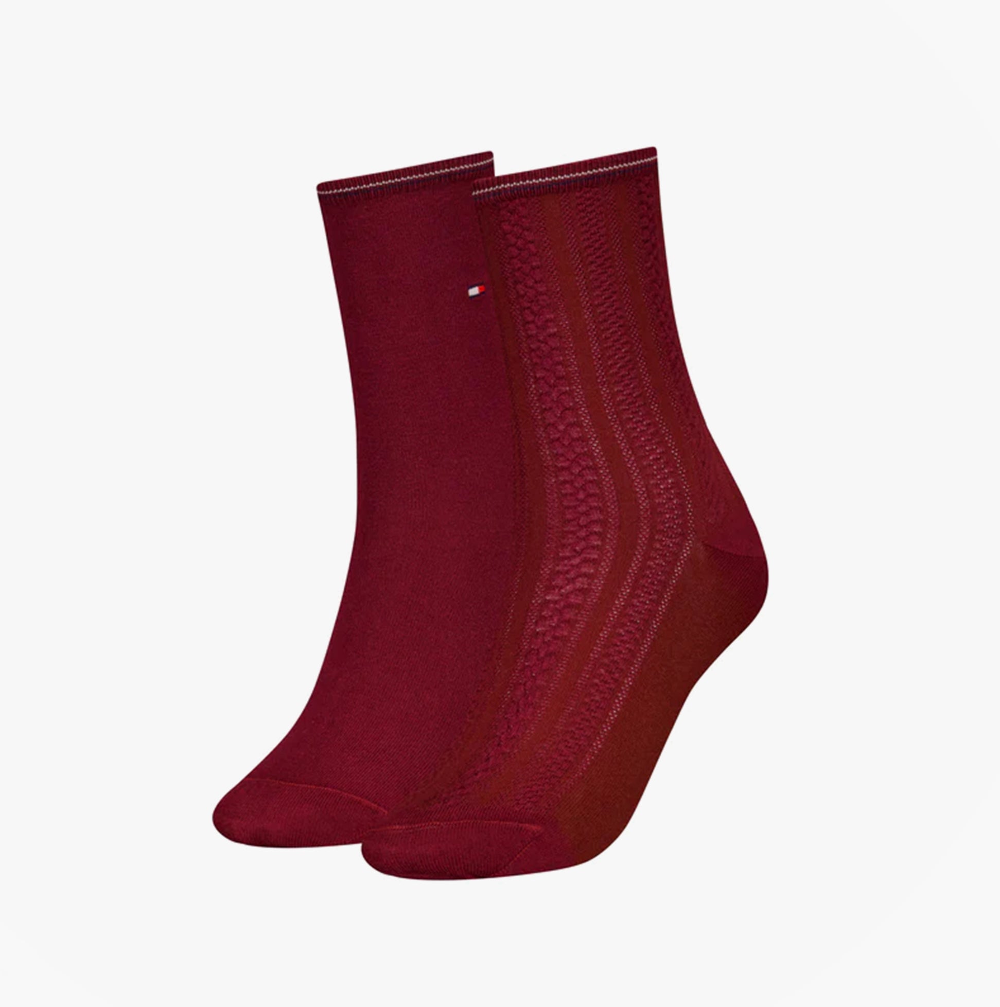 Tommy Hilfiger 2 Pack Womens Crew Socks Deep Rouge side view showcasing rich deep rouge color and textured detail.