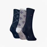 Tommy Hilfiger 3 Pack Giftboxed Monogram Womens Crew Socks Navy front view showcasing three styles.