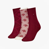 Tommy Hilfiger 3 Pack Giftboxed Monogram Womens Crew Socks Red, front view showcasing three stylish sock designs in red.