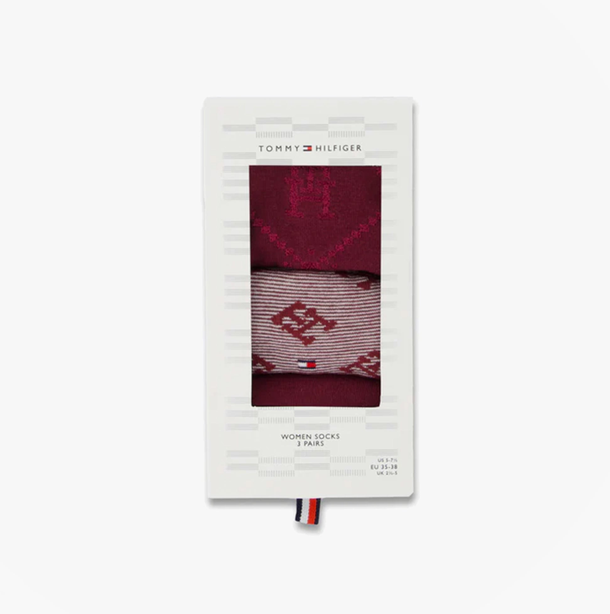 Tommy Hilfiger 3 Pack Giftboxed Monogram Womens Crew Socks Red in a gift box, showcasing three pairs with elegant designs.