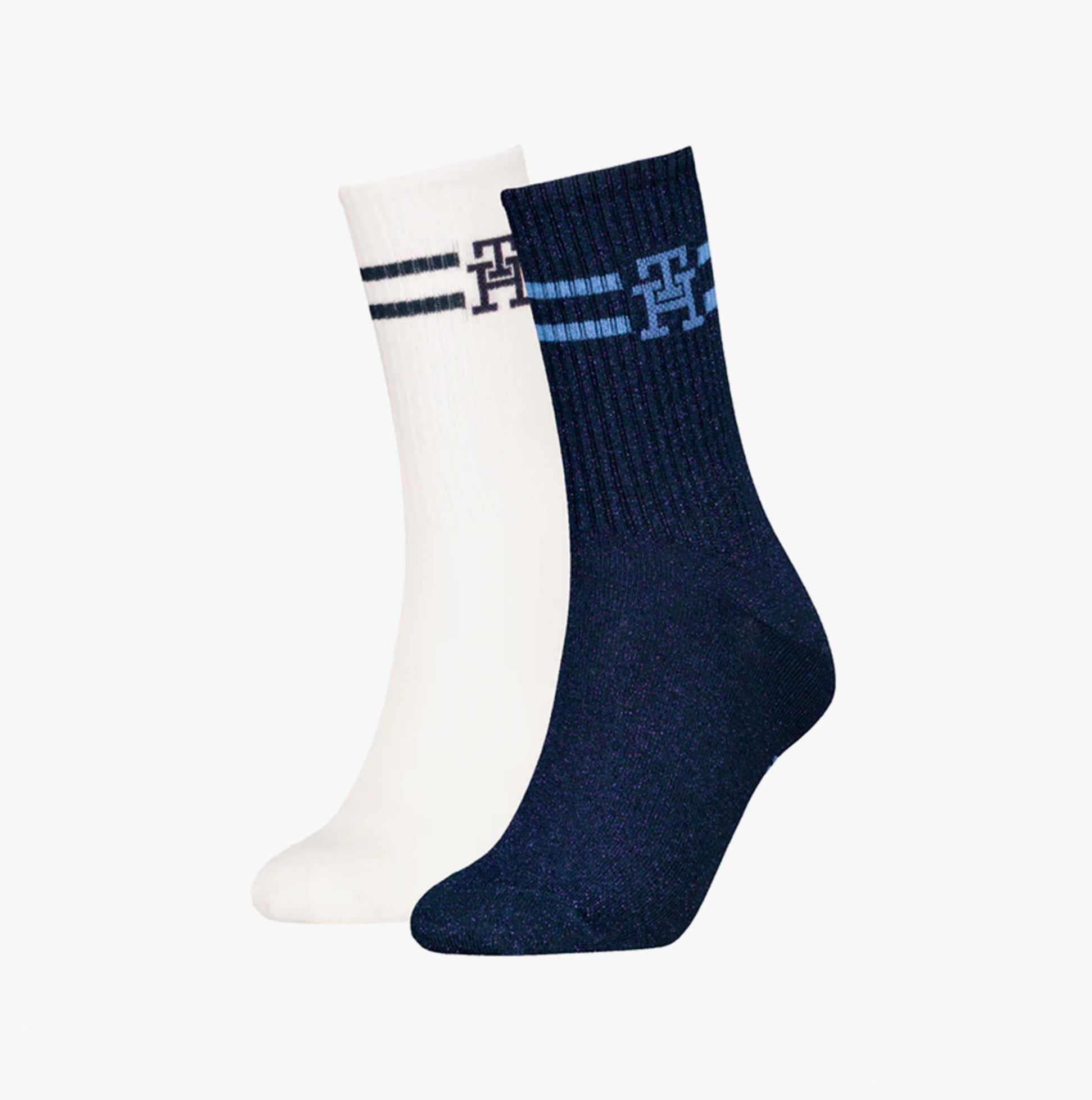 Tommy Hilfiger 2 Pack Trainer Womens Crew Socks Navy/White front view featuring navy and white socks.