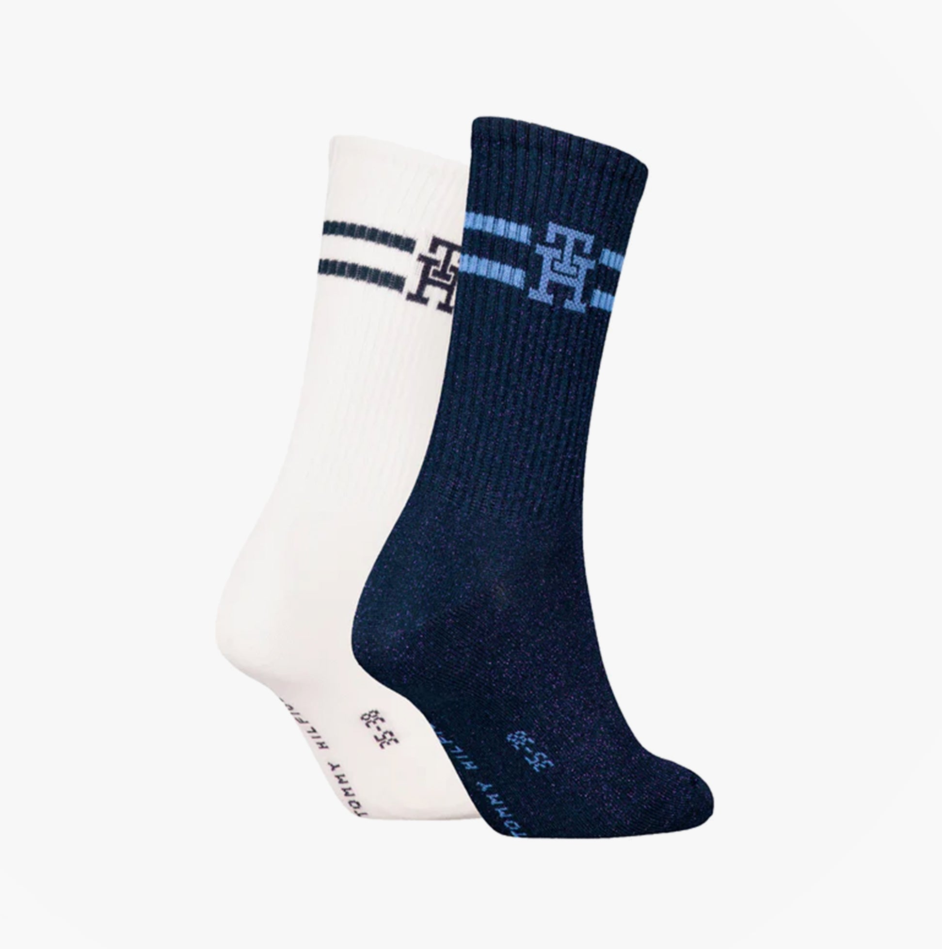 Tommy Hilfiger 2 Pack Trainer Womens Crew Socks Navy/White side view showing navy and white color options with logo detail.