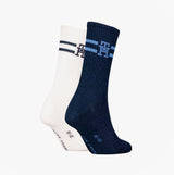 Tommy Hilfiger 2 Pack Trainer Womens Crew Socks Navy/White side view showing navy and white color options with logo detail.