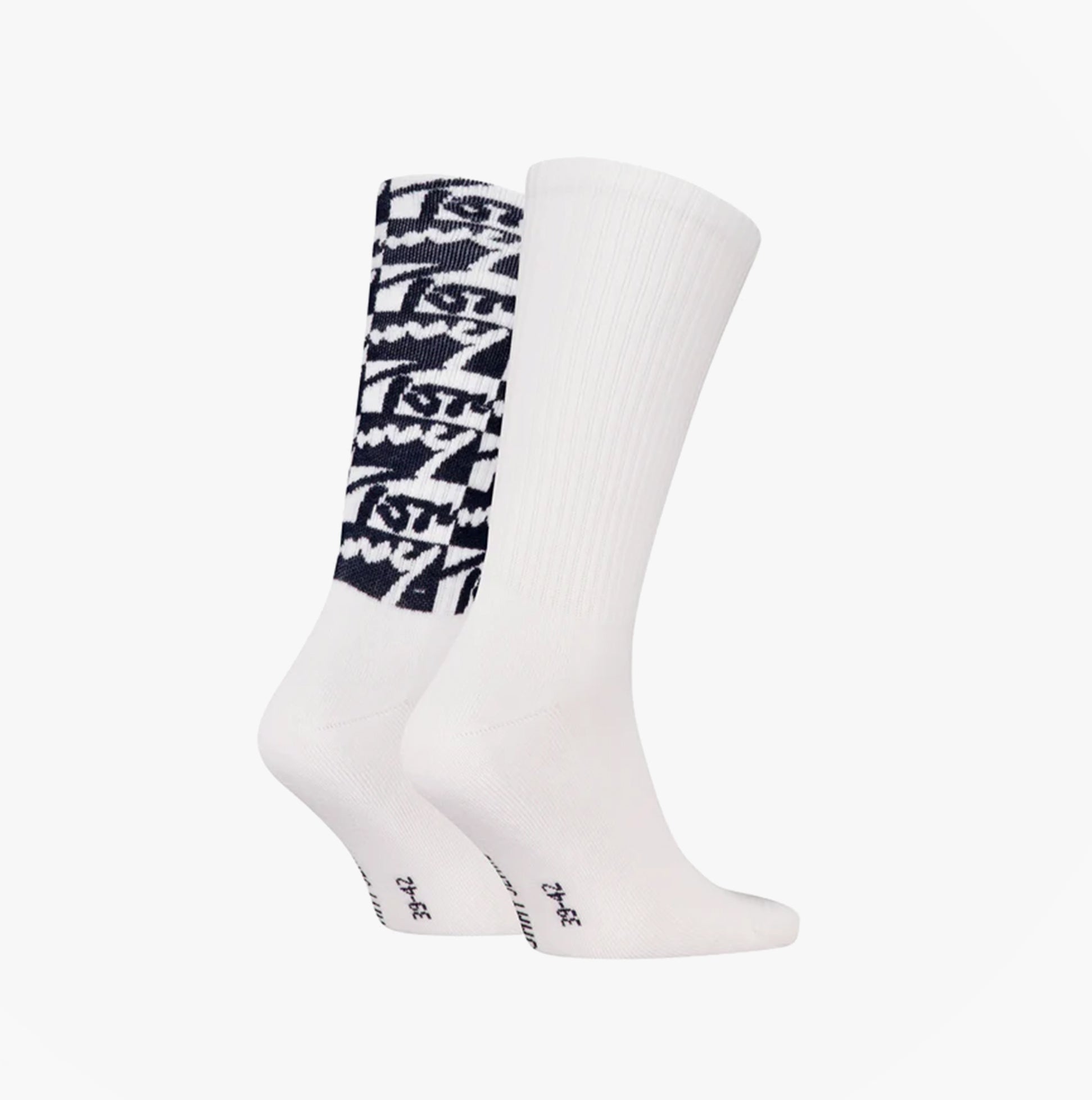 Tommy Hilfiger 2 Pack Trainer Graffiti Mens Crew Socks White side view featuring one patterned and one solid color sock.