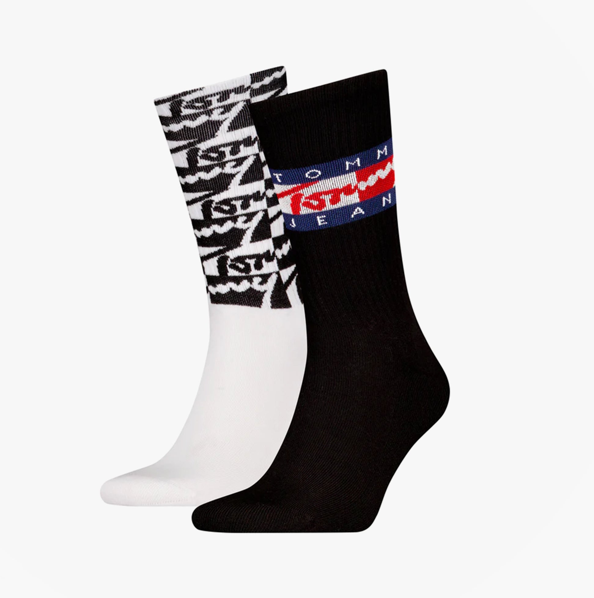 Tommy Hilfiger 2 Pack Trainer Graffiti Mens Crew Socks Black side view showcasing black and white designs.