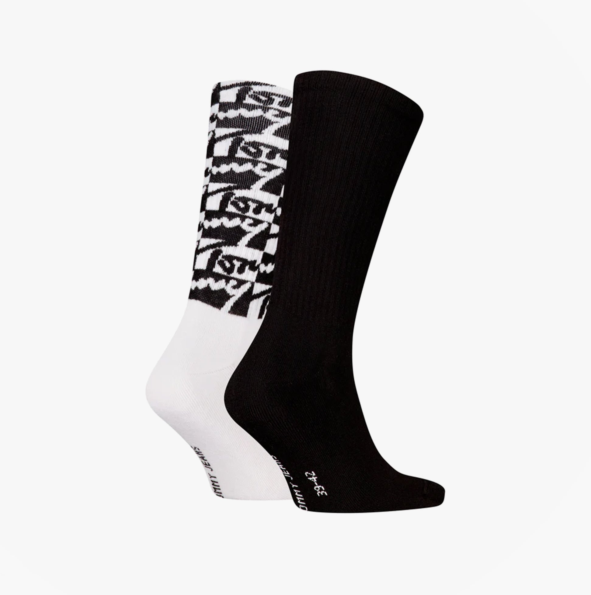 Tommy Hilfiger 2 Pack Trainer Graffiti Mens Crew Socks Black, side view showcasing black and white sock designs.