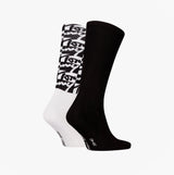 Tommy Hilfiger 2 Pack Trainer Graffiti Mens Crew Socks Black, side view showcasing black and white sock designs.