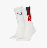 Tommy Hilfiger 2 Pack Flag Trainer Mens Crew Socks White front view showing logo detail on socks.