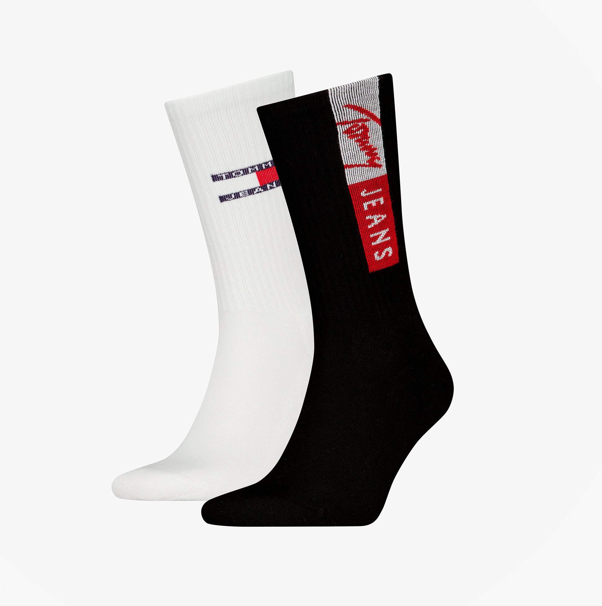 Tommy Hilfiger 2 Pack Flag Trainer Mens Crew Socks Black and White side view showing logos and colors.