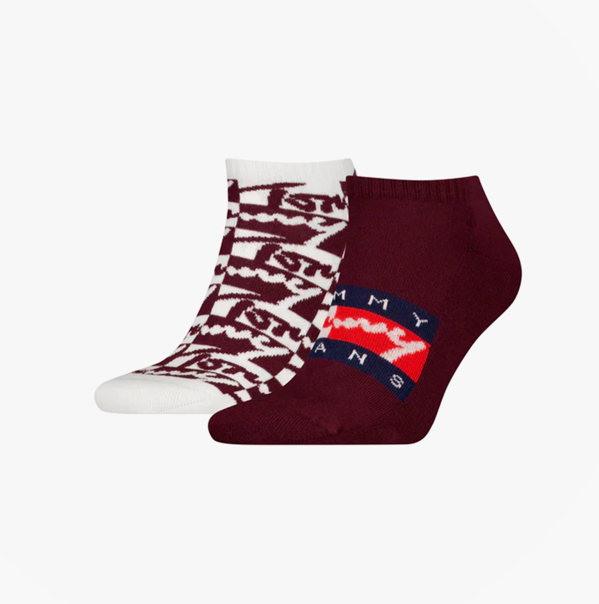 Tommy Hilfiger 2 Pack Trainer Graffiti Mens Ankle Socks Red side view showcasing two distinct designs in red and white.
