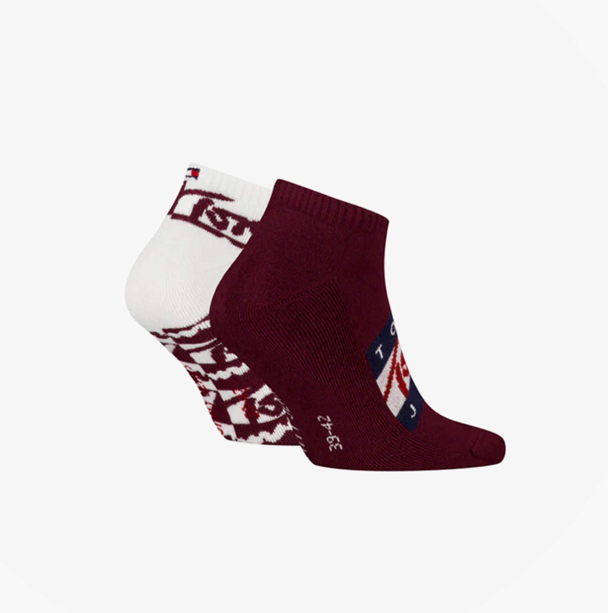 Tommy Hilfiger 2 Pack Trainer Graffiti Mens Ankle Socks Red side view showing red and white designs.