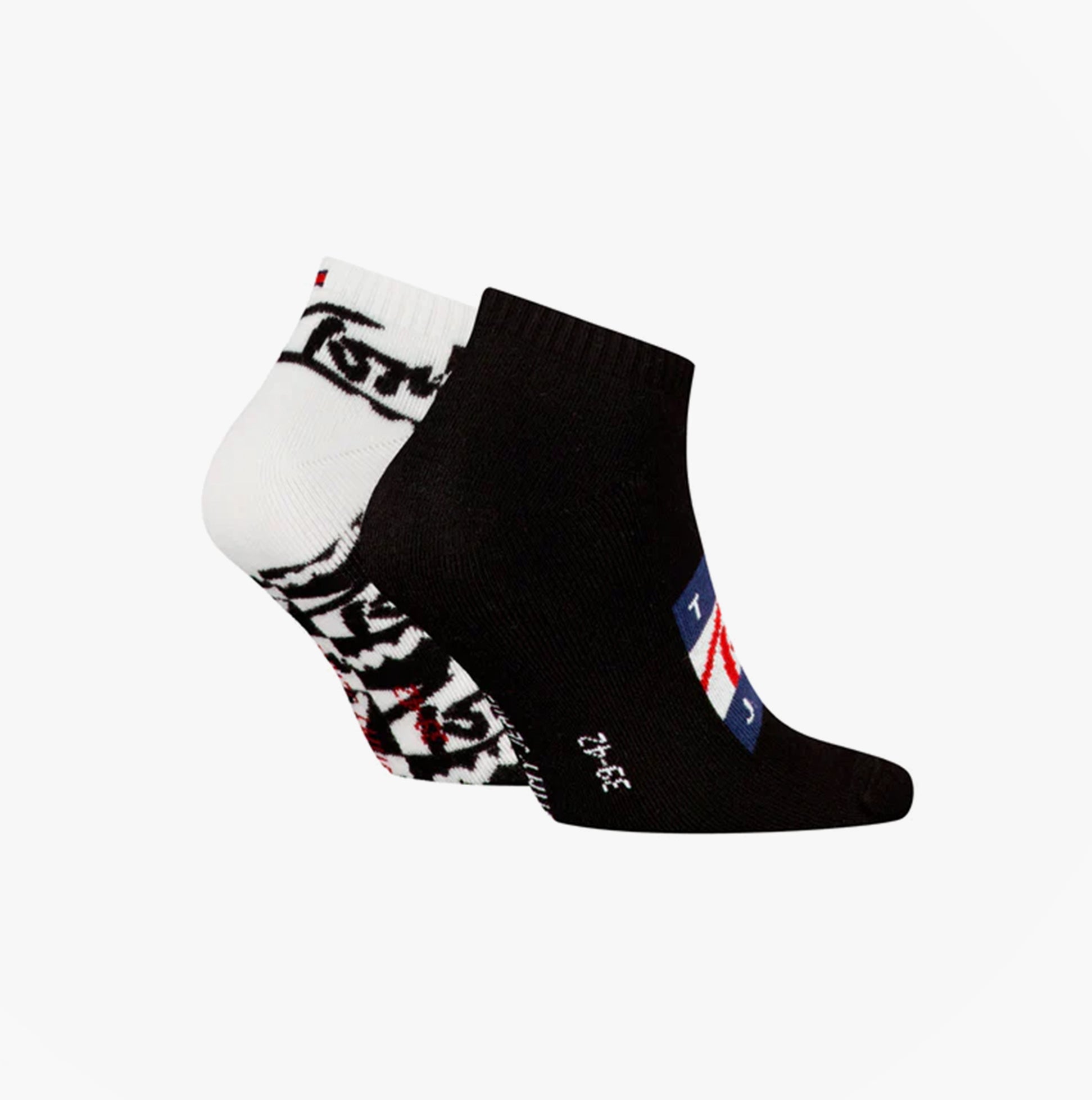 Tommy Hilfiger 2 Pack Trainer Graffiti Mens Ankle Socks Black side view showcasing black and white designs.