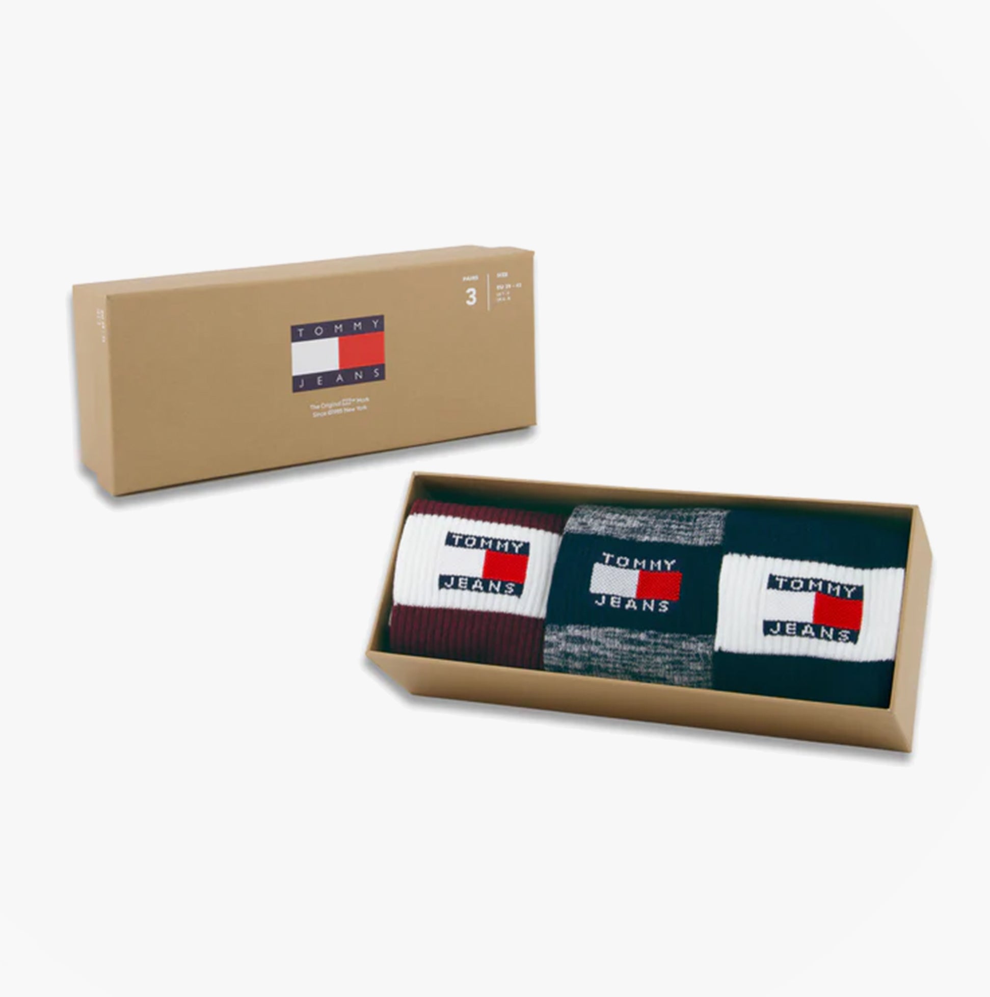 Tommy Hilfiger 3 Pack Trainer Stripe Mens Crew Socks Multi in gift box, front view showcasing three pairs of socks.