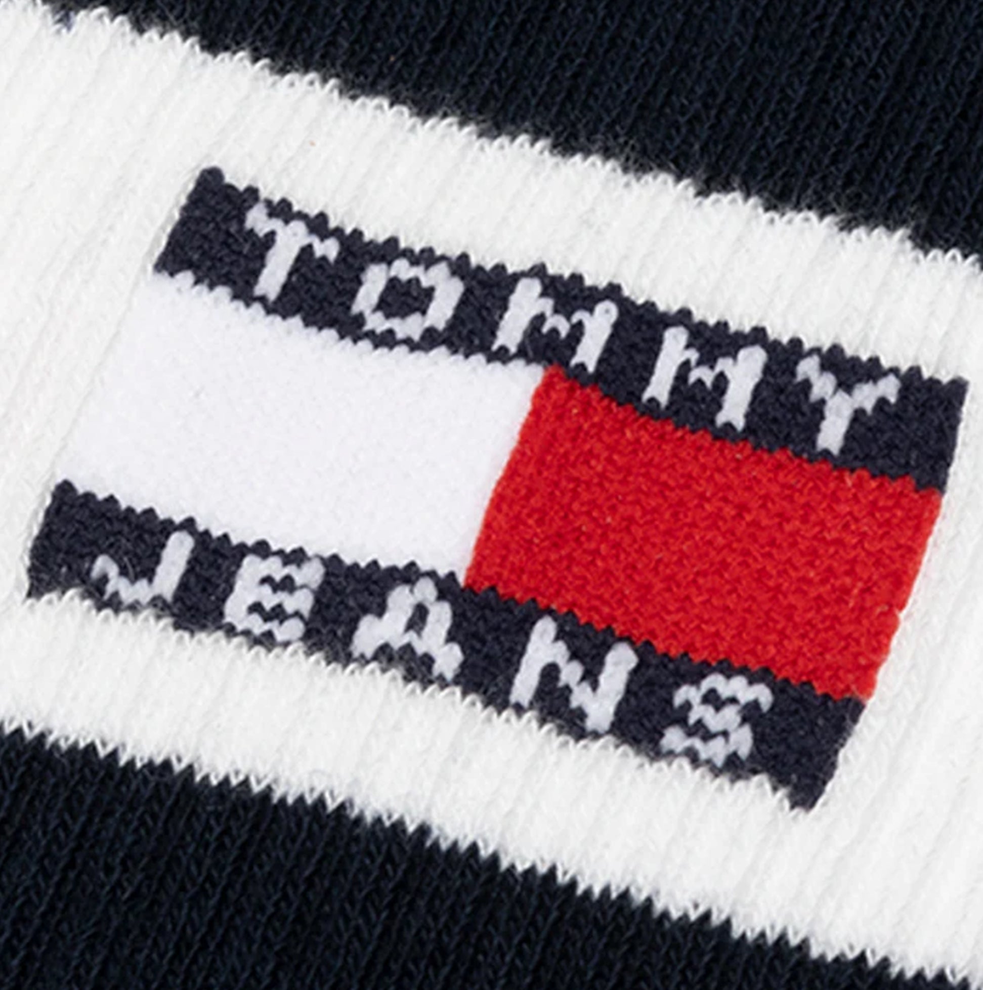 Tommy Hilfiger 3 Pack Trainer Stripe Mens Crew Socks Multi close up view of logo detailing on fabric