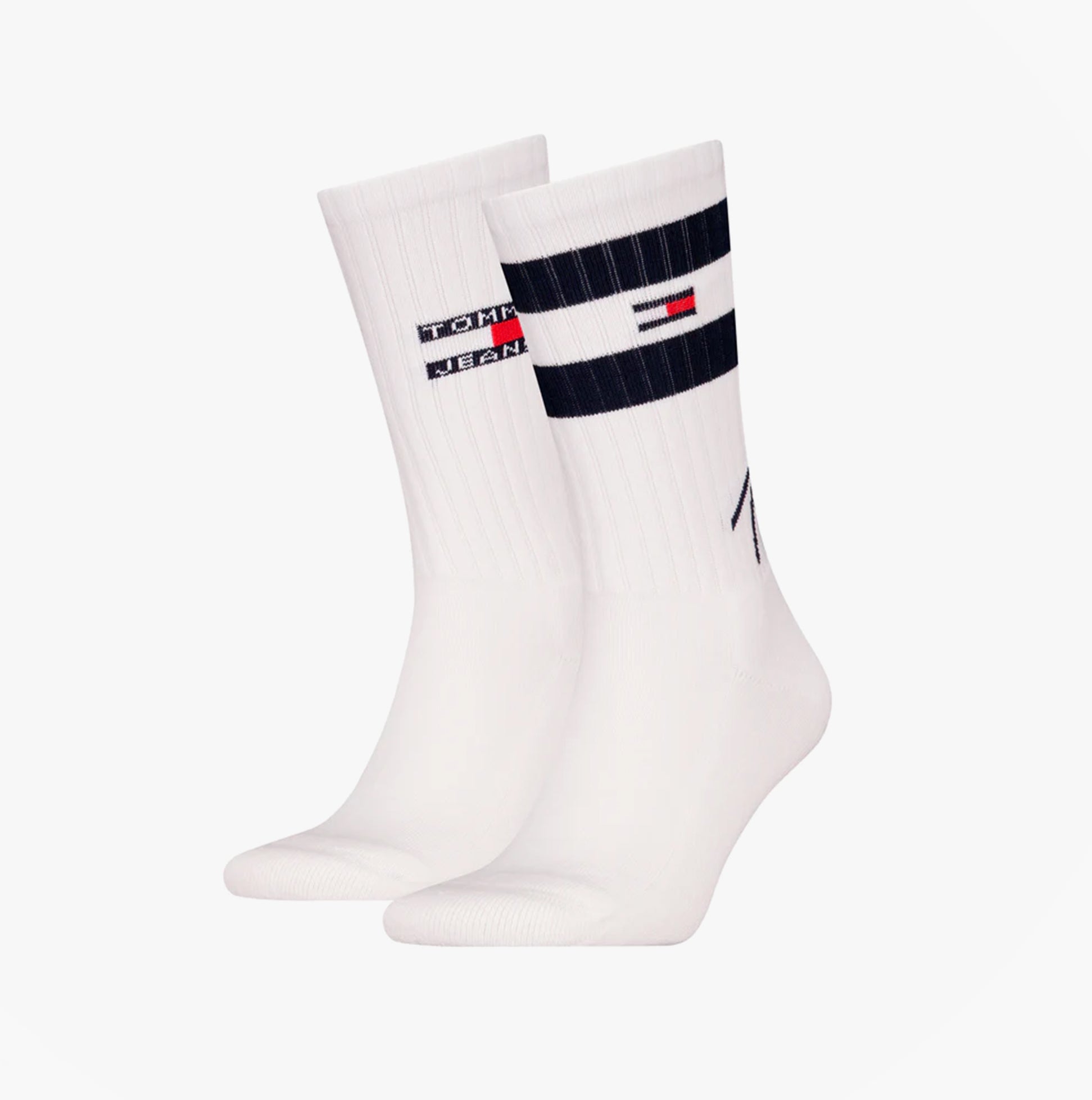 Tommy Hilfiger 2 Pack Trainer Signature Mens Crew Socks White side view showing logo and design details.