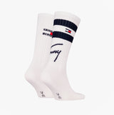 Tommy Hilfiger 2 Pack Trainer Signature Mens Crew Socks White side view showcasing the brand logo and striped design.