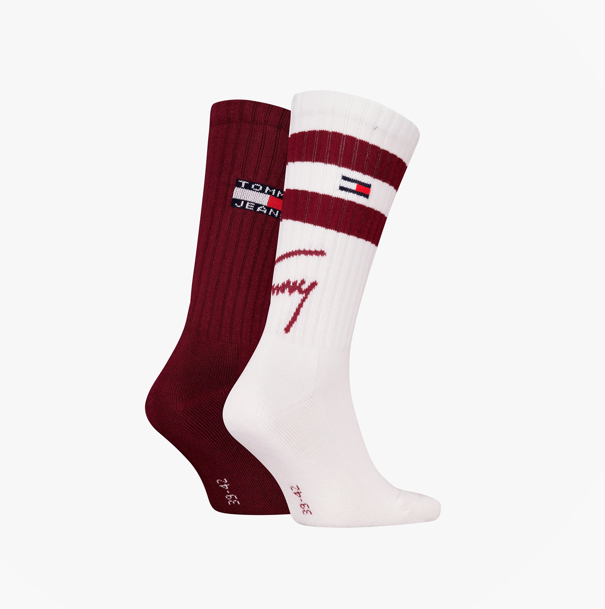 Tommy Hilfiger 2 Pack Trainer Signature Mens Crew Socks Red side view, showing maroon and white socks with branding.