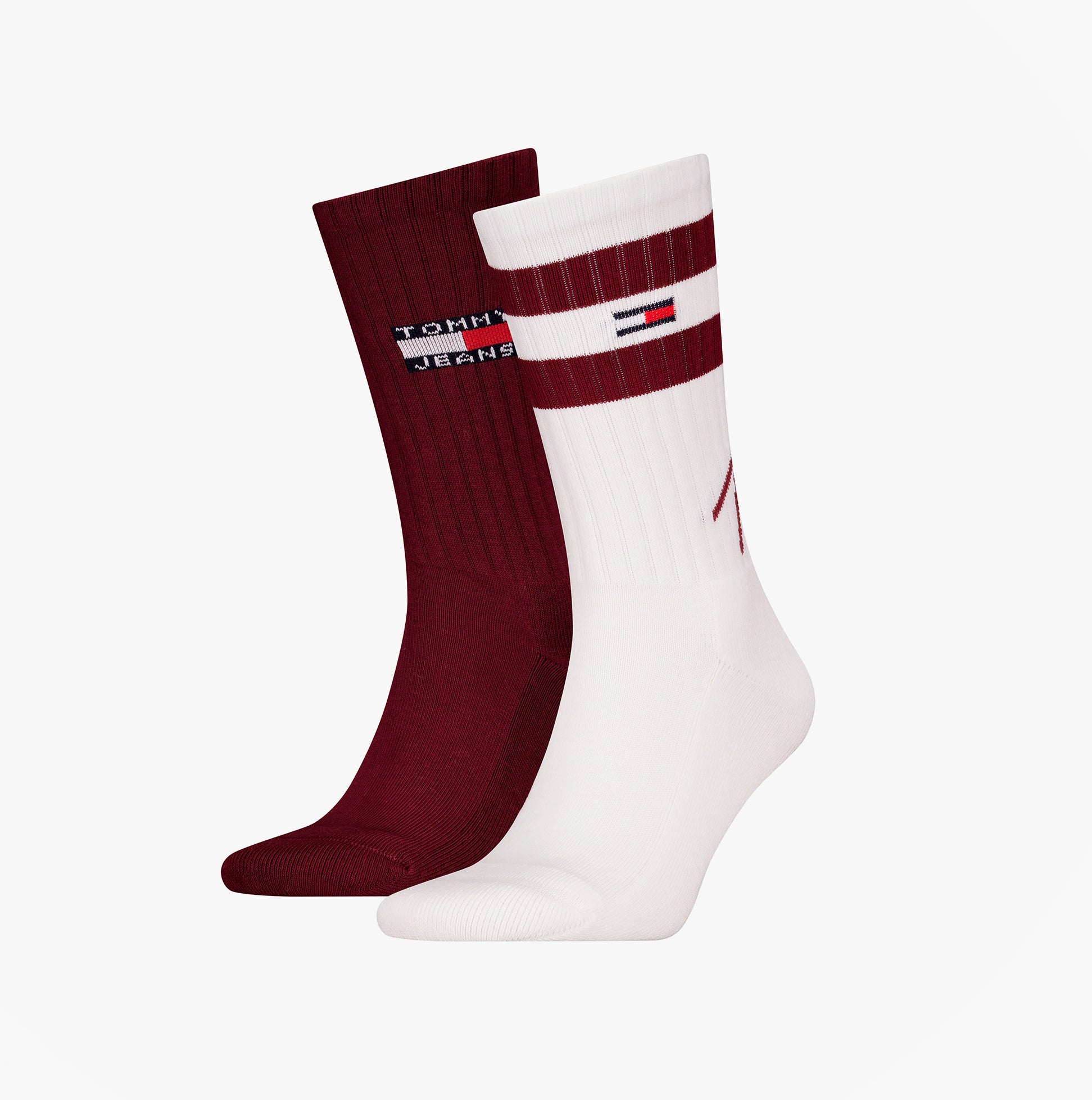 Tommy Hilfiger 2 Pack Trainer Signature Mens Crew Socks Red showing side view, featuring red and white designs.
