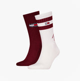 Tommy Hilfiger 2 Pack Trainer Signature Mens Crew Socks Red showing side view, featuring red and white designs.