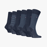Tommy Hilfiger 6 Pack Giftbox Birdey Mens Socks Navy in various designs, displayed in a row, featuring crew socks with reinforced heel and toe.