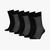 Tommy Hilfiger 6 Pack Giftbox Birdey Mens Socks Black - display showing six pairs of black and grey patterned crew socks.