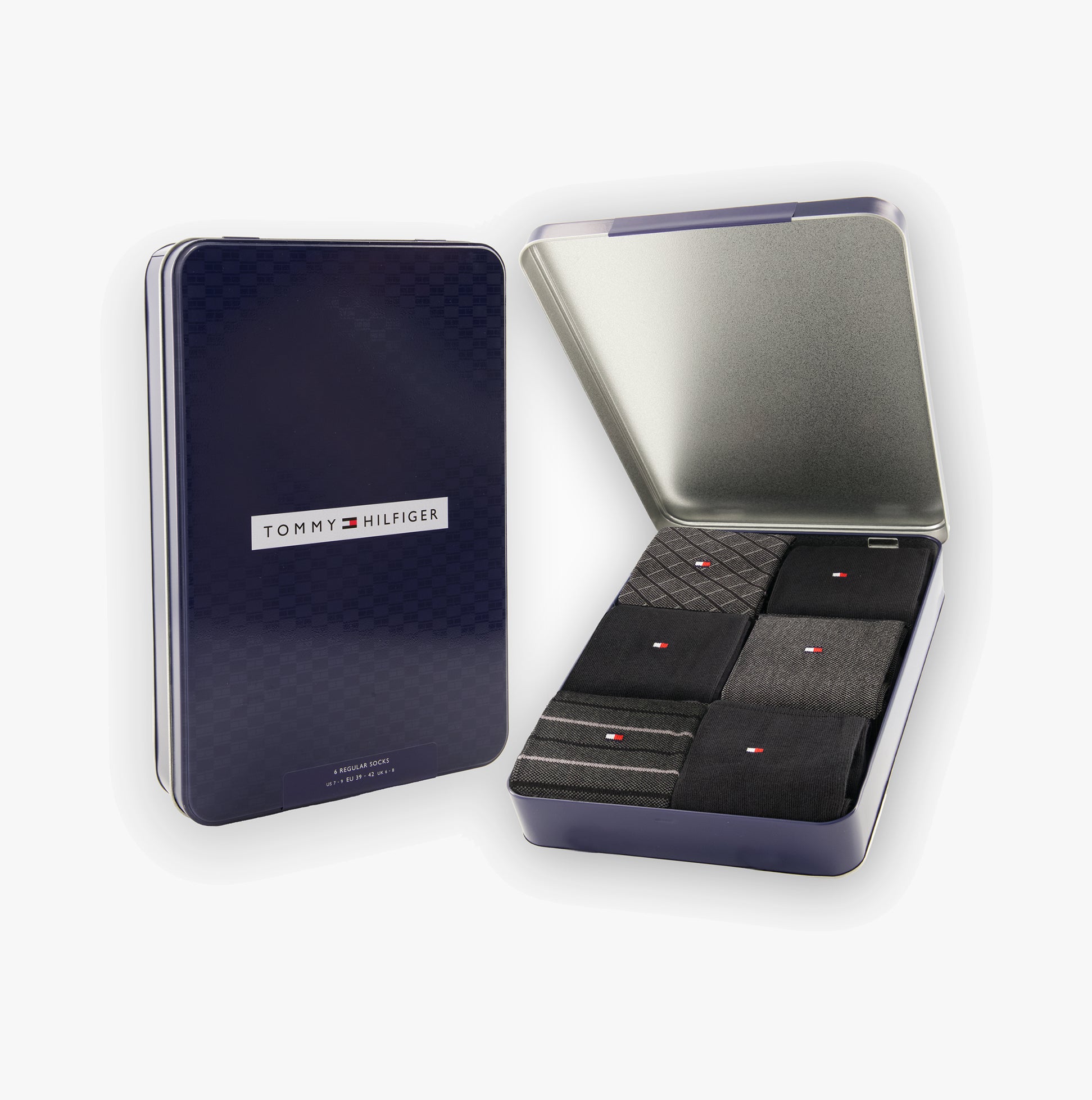 Tommy Hilfiger 6 Pack Giftbox Birdey Mens Socks Black in a gift tin, showcasing six pairs of socks inside.