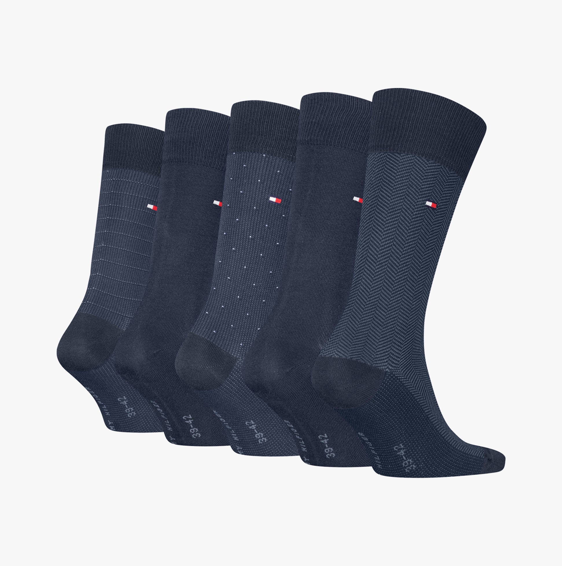 Tommy Hilfiger 5 Pack Giftbox Herringbone Mens Socks Navy, showcasing assorted styles in a side view.