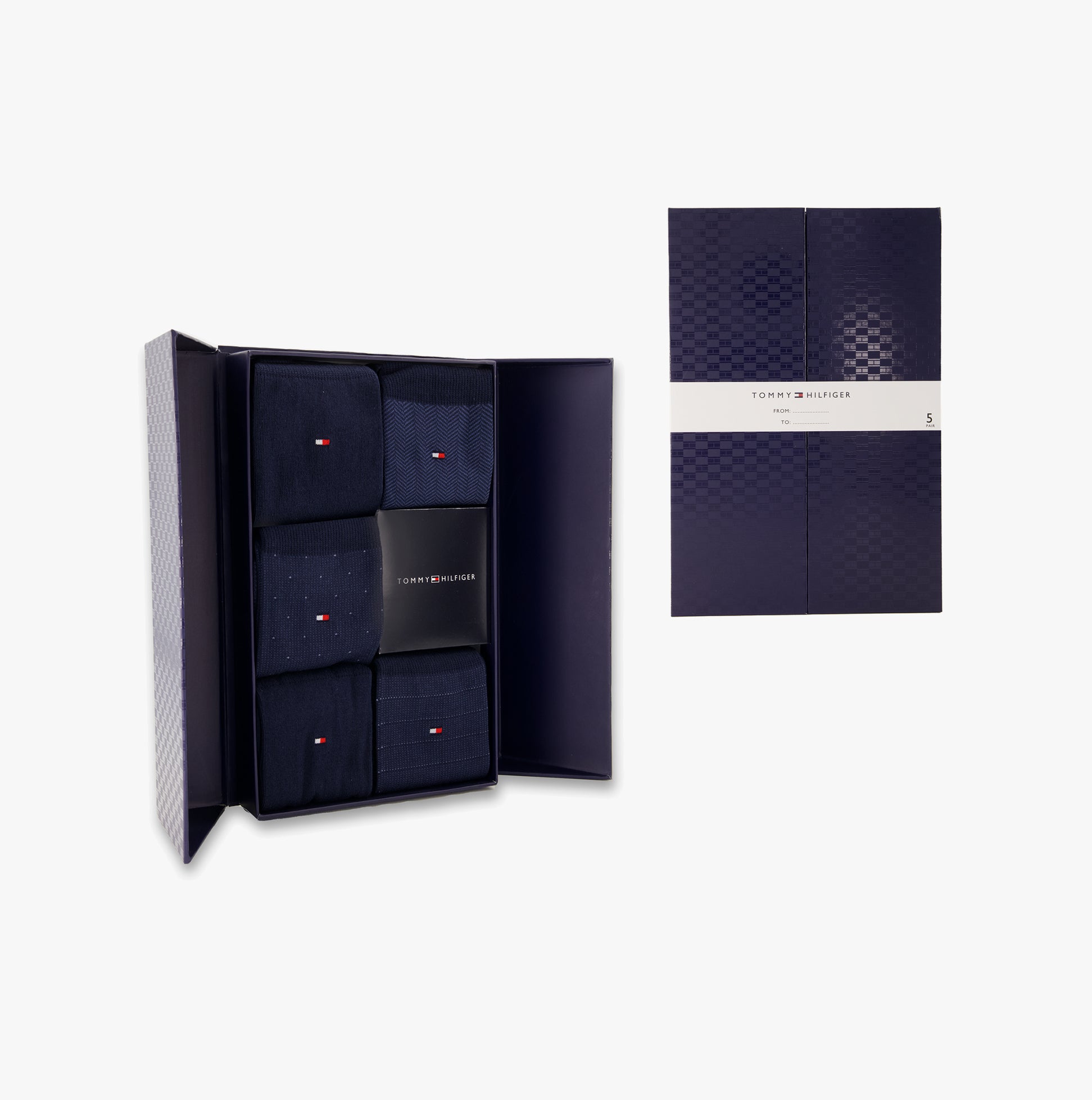 Tommy Hilfiger 5 Pack Giftbox Herringbone Mens Socks Navy in an elegant gift box presentation, showcasing navy socks.
