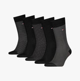 Tommy Hilfiger 5 Pack Giftbox Herringbone Mens Socks Black showing five pairs in various black designs, front view.