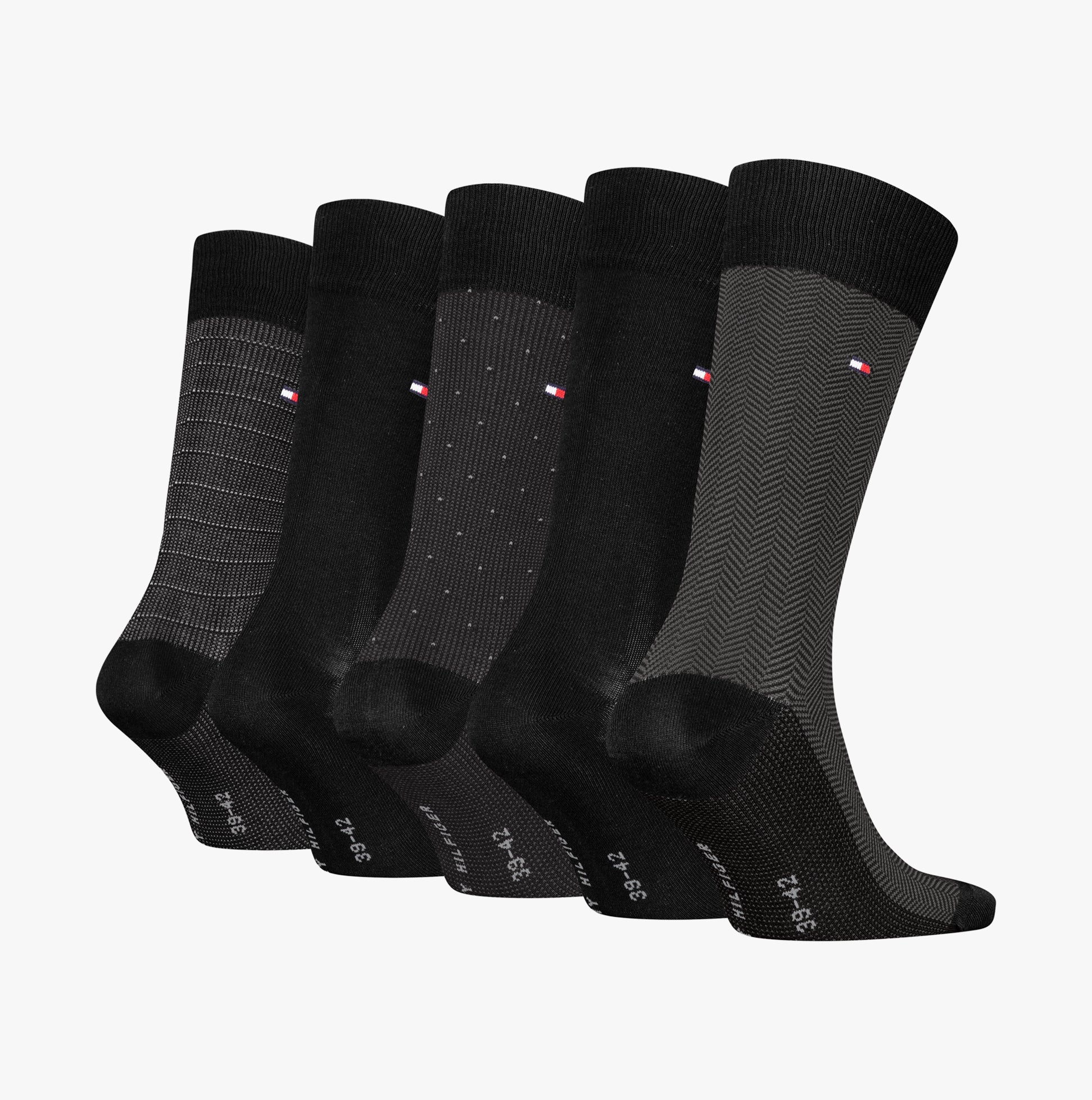 Tommy Hilfiger 5 Pack Giftbox Herringbone Mens Socks Black side view showcasing five stylish socks in herringbone and patterned designs.
